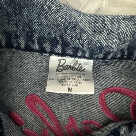 Barbie Girls Denim Jean Jacket M 100% Cotton Front Back Logo Light Wash - Picture 9 of 13